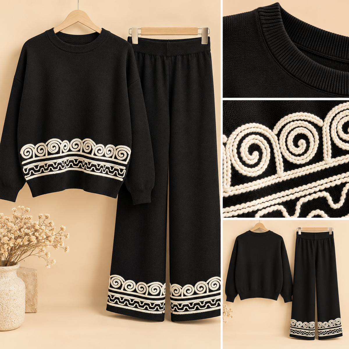 Conjunto de Punto Negro con Bordados Crudos de Dos Piezas