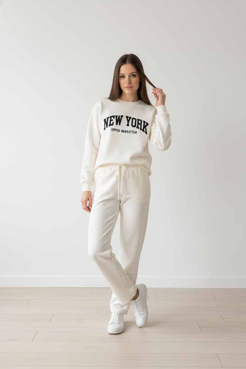 Chándal de Algodón de Dos Piezas con Pantalón Recto Blanco New York – Trapio
