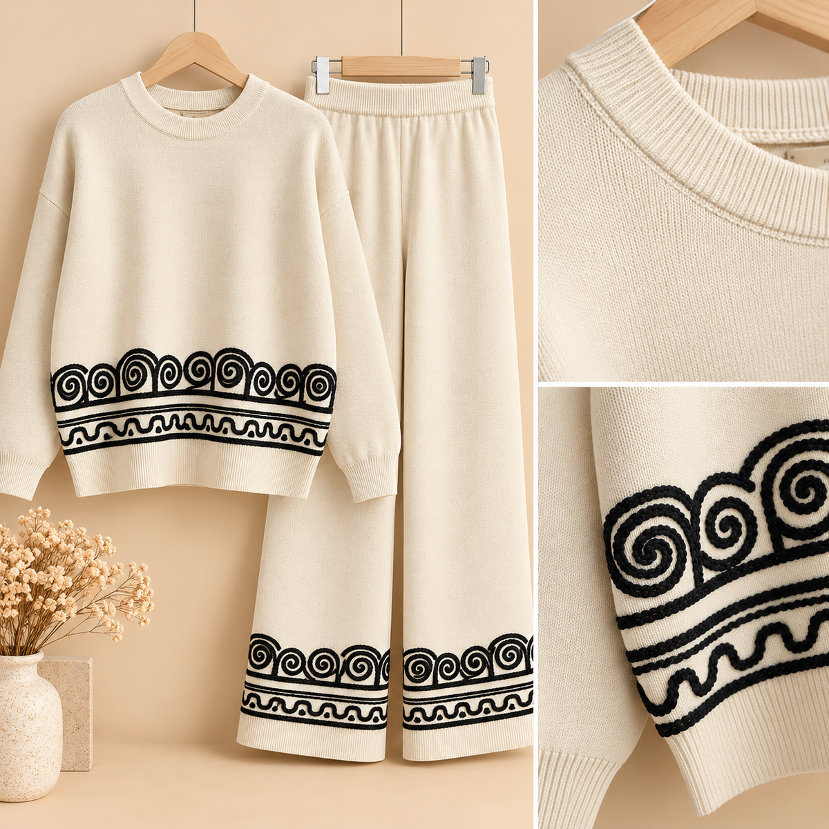 Conjunto de Punto Color Marfil con Bordados Negros de Dos Piezas