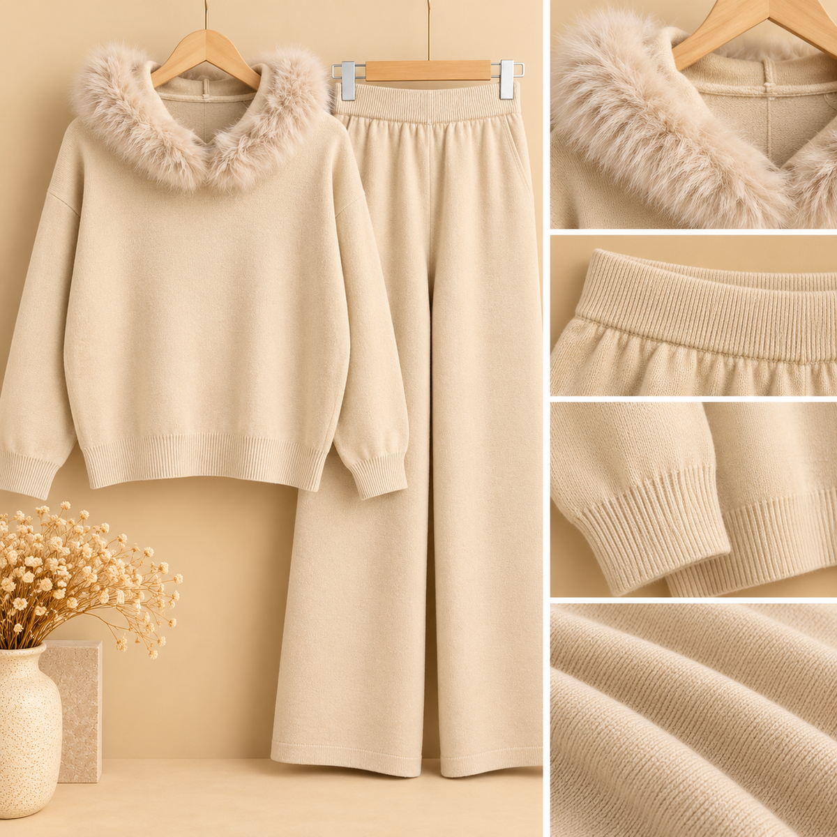 Conjunto de Punto Beige de Dos Piezas con Capucha y Pelo