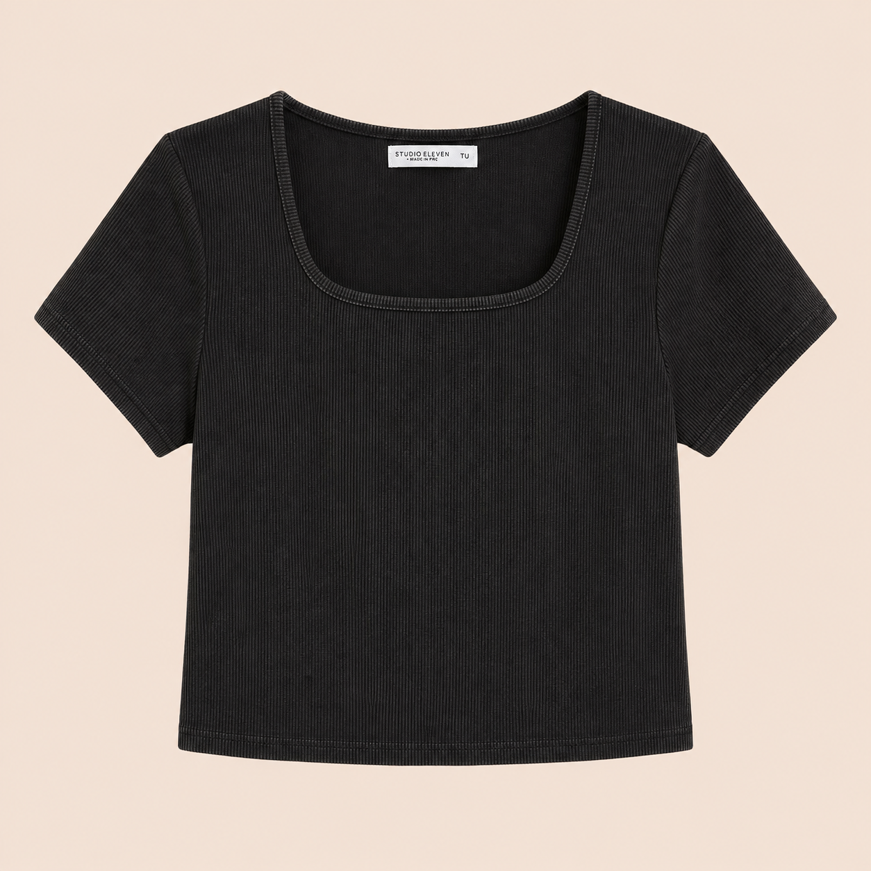 Camiseta de canalé negra de manga corta Trapio