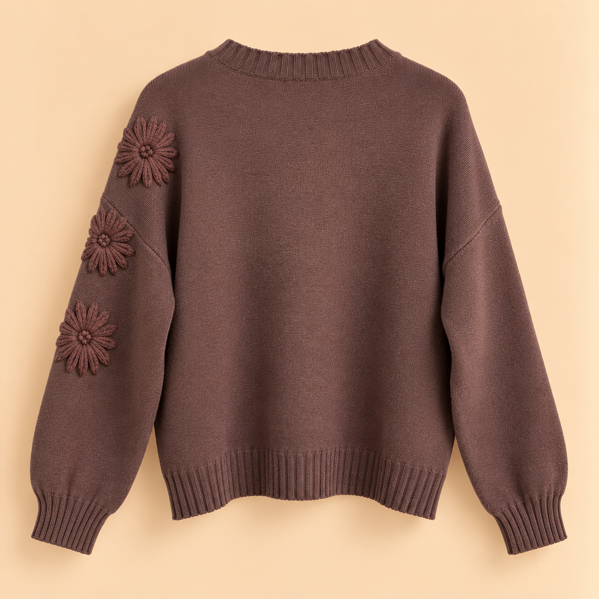 Jersey de Punto Marrón con Flores en Relieve
