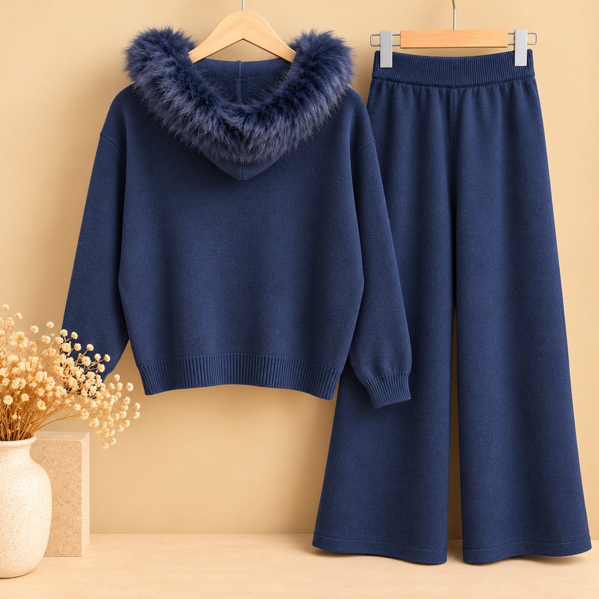 Conjunto de Punto Azul Marino de Dos Piezas con Capucha y Pelo