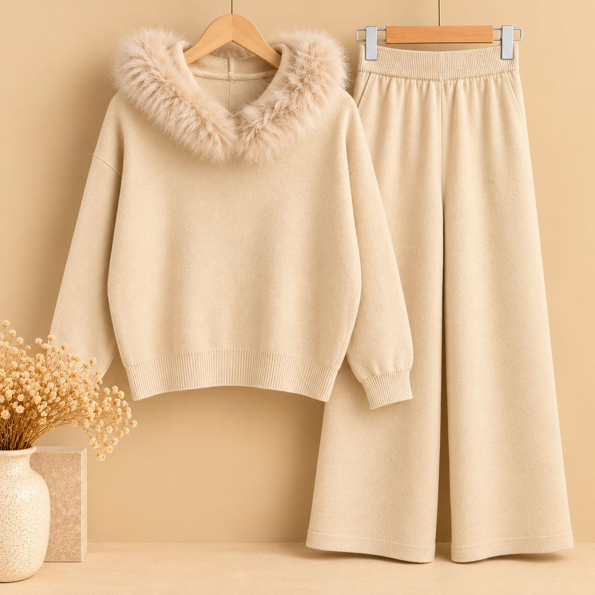 Conjunto de Punto Beige de Dos Piezas con Capucha y Pelo