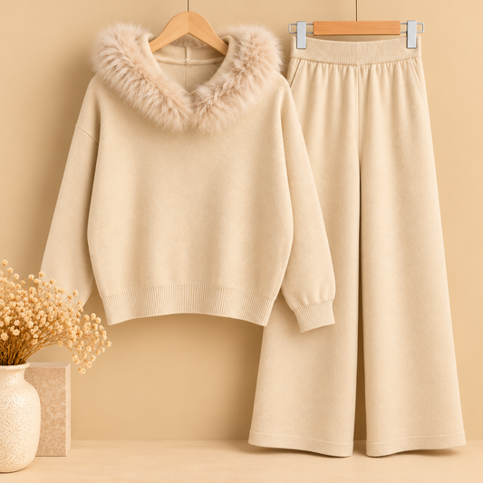 Conjunto de Punto Beige de Dos Piezas con Capucha y Pelo