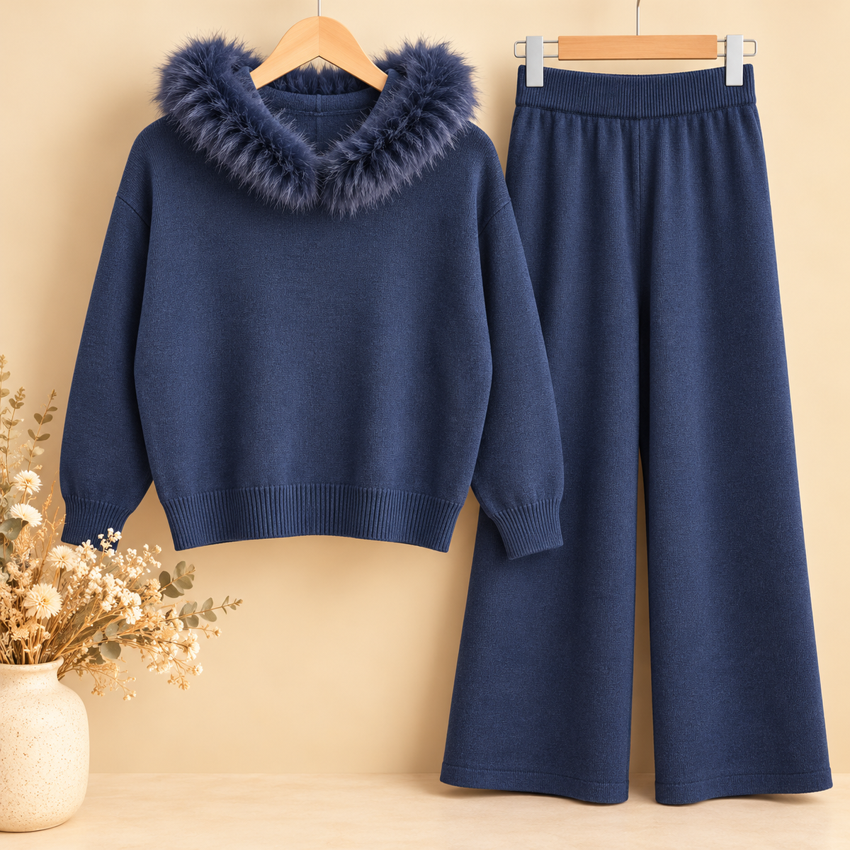 Conjunto de Punto Azul Marino de Dos Piezas con Capucha y Pelo