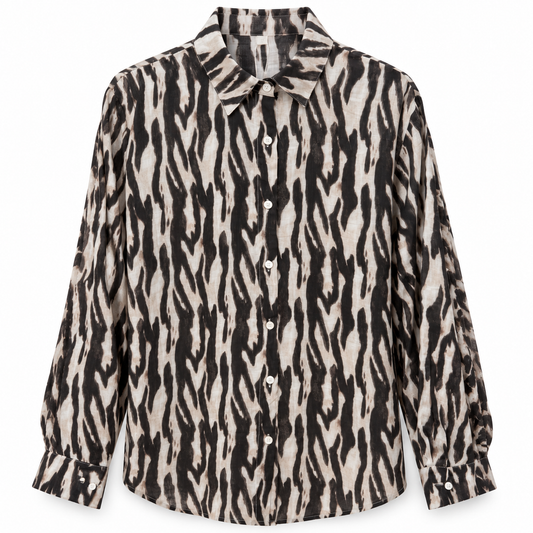 Camisa de Mujer con Estampado Animal Print Abstracto en Beige y Negro