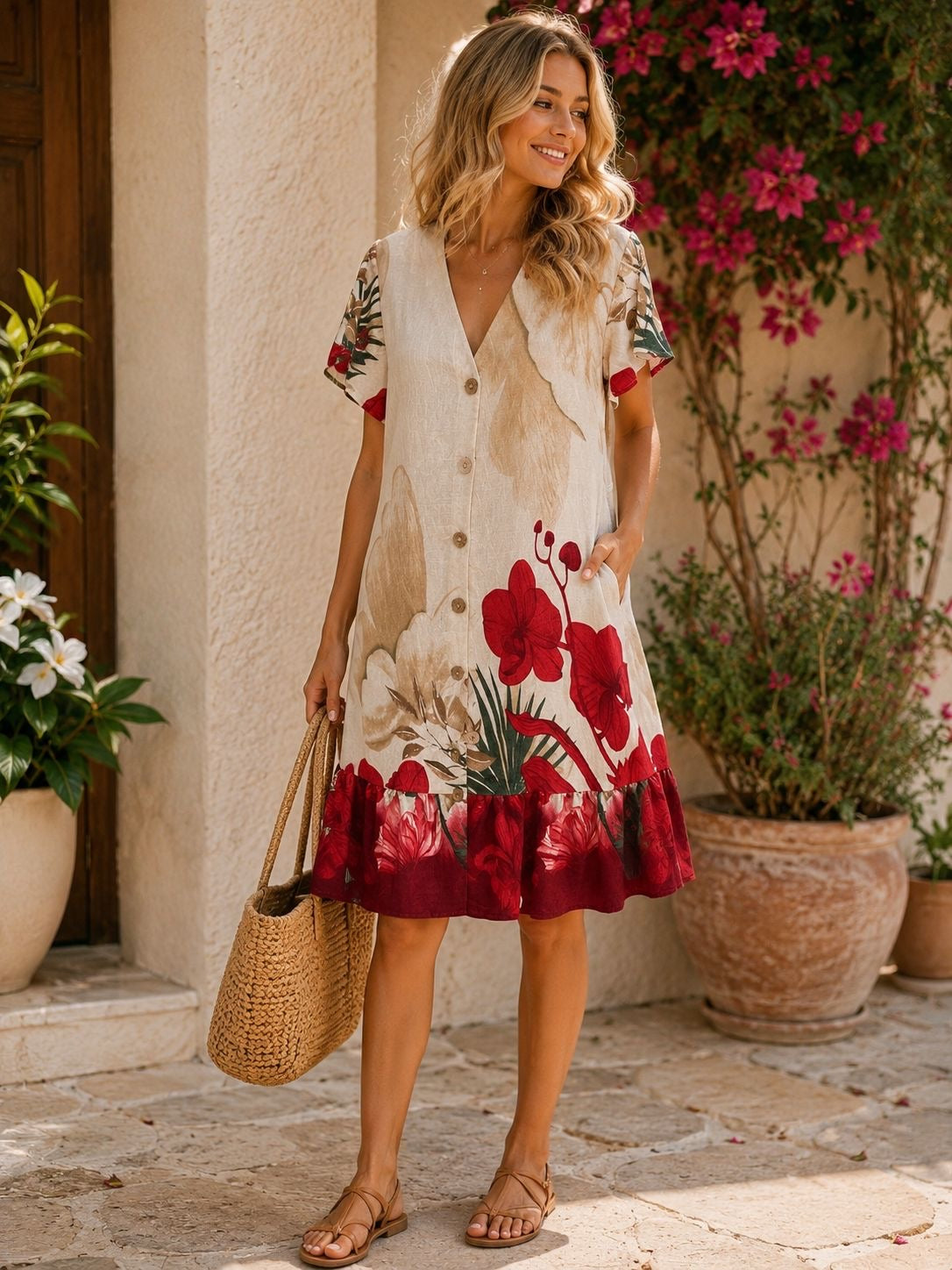 Vestido estampado amapolas beige y rojo con botones Trapío