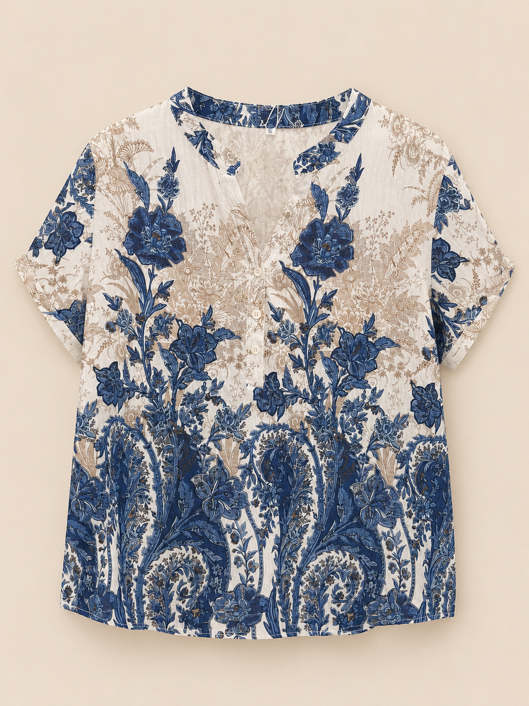 Blusa Estampada Floral Azul y Beige Trapio