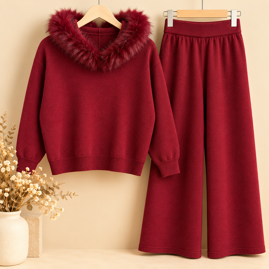 Conjunto de Punto Granate de Dos Piezas con Capucha y Pelo
