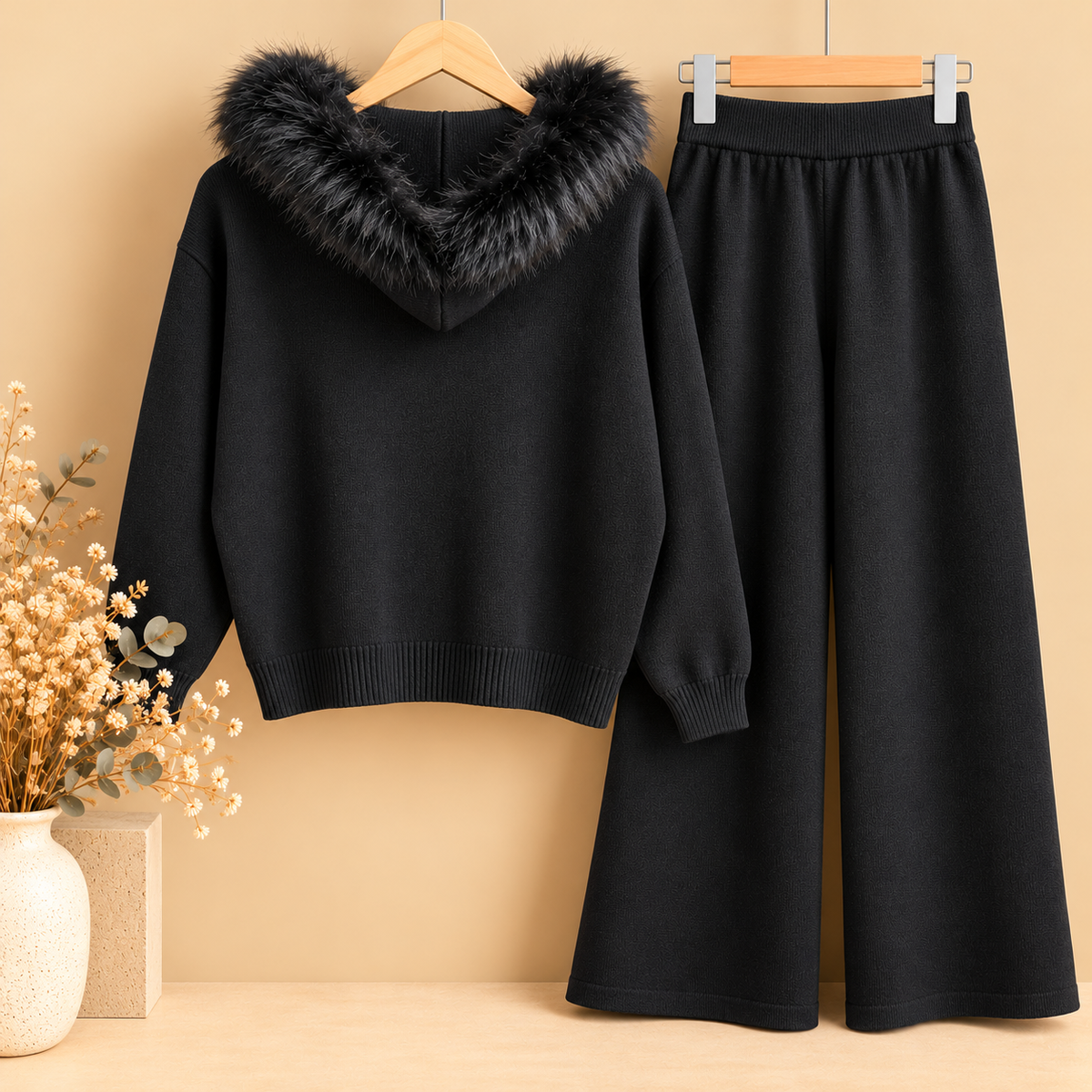 Conjunto de Punto Negro de Dos Piezas con Capucha y Pelo