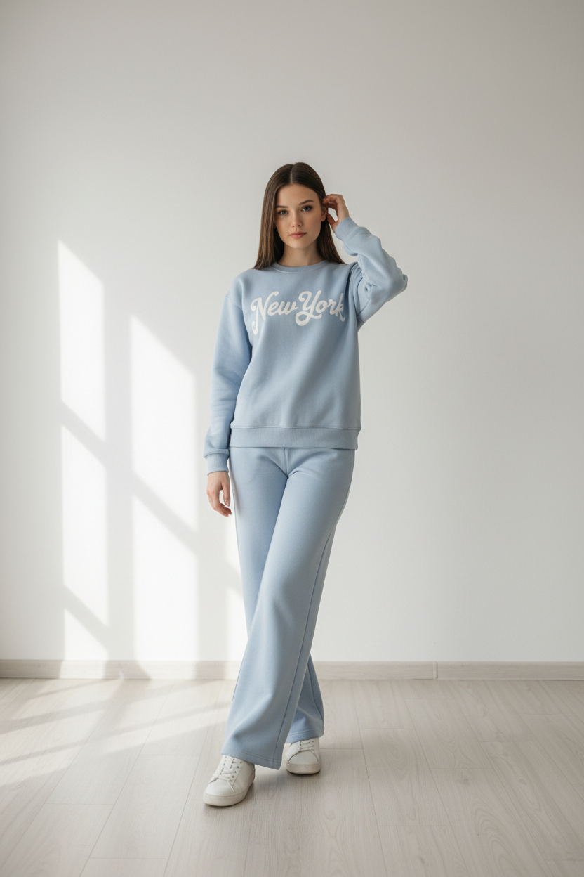 Chándal de Algodón de Dos Piezas con Pantalón Recto  Celeste New York – Trapio