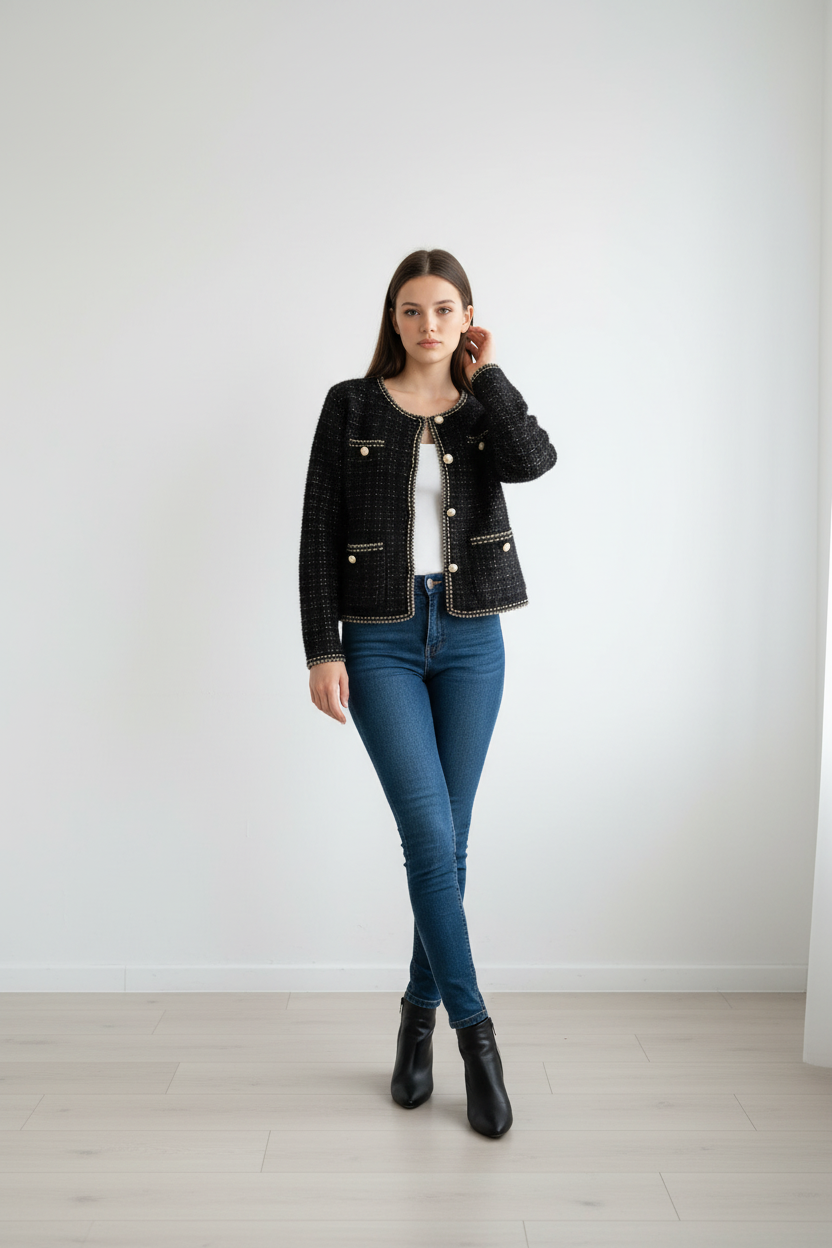 Chaqueta corte  mujer “Sierra Morena” en tono negro con ribete dorado y botones de perla – Trapío