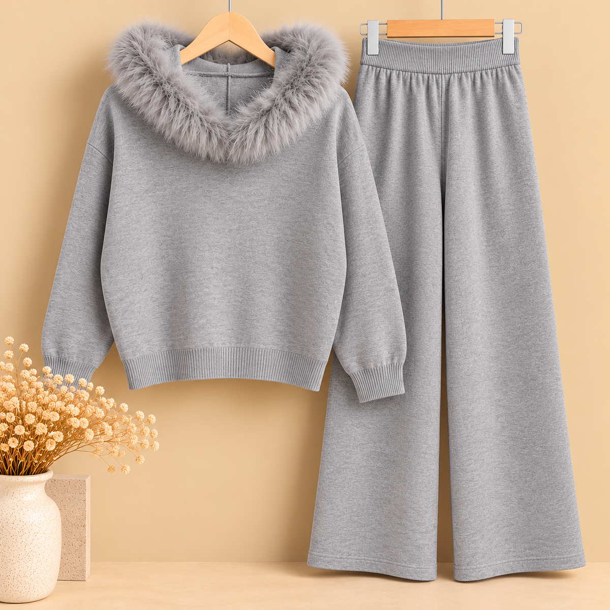 Conjunto de Punto Gris de Dos Piezas con Capucha y Pelo