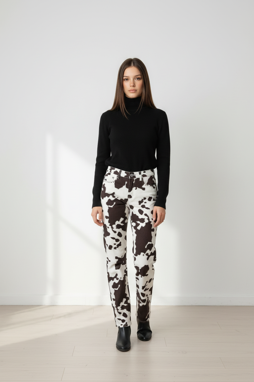 Pantalón Senda Bruna – Animal Print vaca marrón chocolate con tachuelas y pata ancha | Trapío