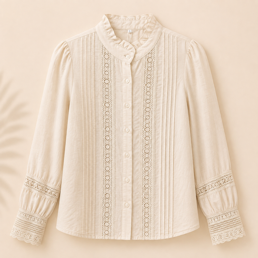 Camisa de mujer beige crudo con cuello mao, detalles de encaje y manga larga abullonada estilo romántico Trapío