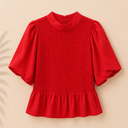 Blusa Roja de Mujer con Cuerpo Fruncido, Manga Corta Abullonada y Bajo Volante Estilo Peplum – Elegante y Favorecedora Trapío