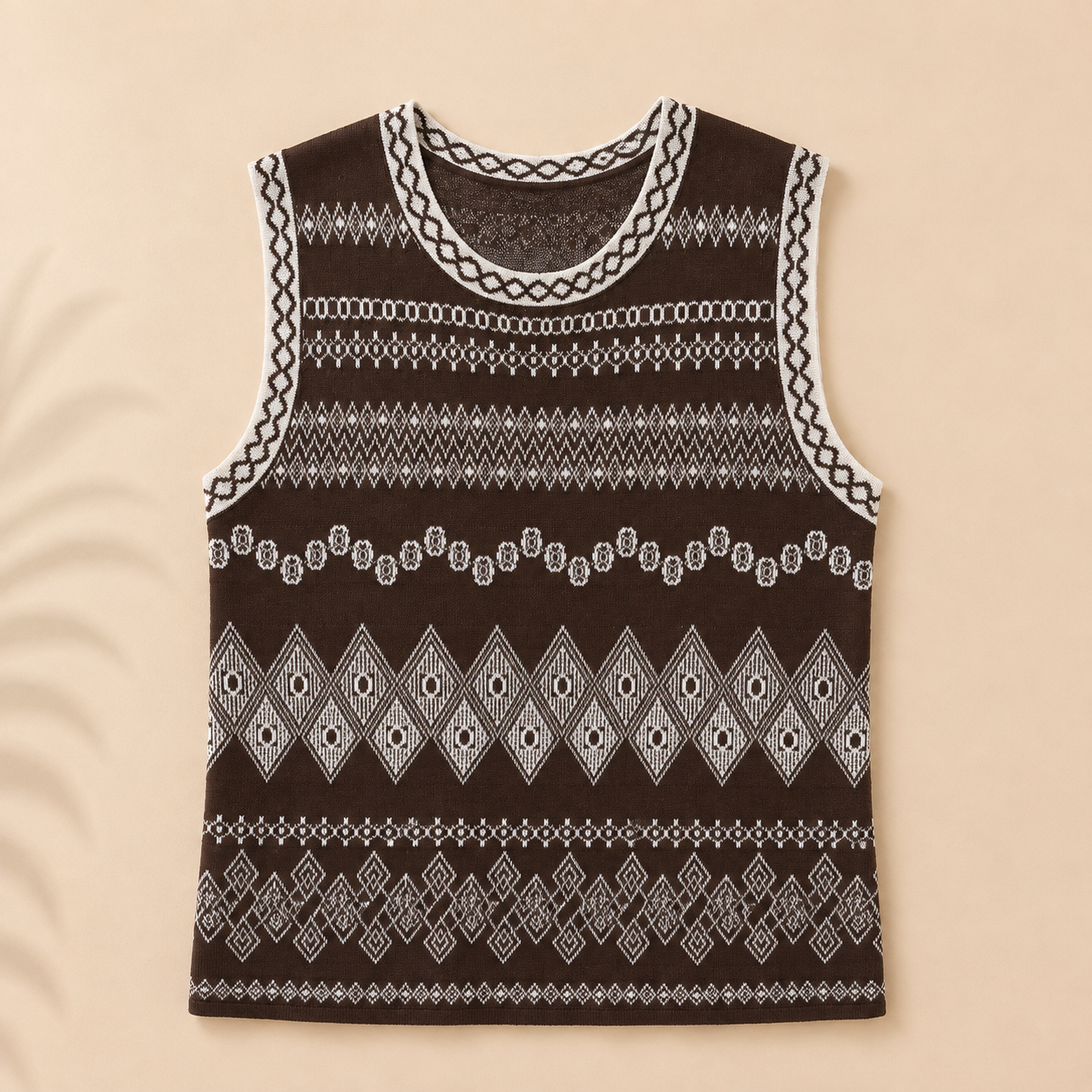 Chaleco de Punto de Mujer Marrón Chocolate con Estampado Geométrico en Contraste, Cuello Redondo y Detalles Étnicos – Chaleco de Punto Sin Mangas Trapío