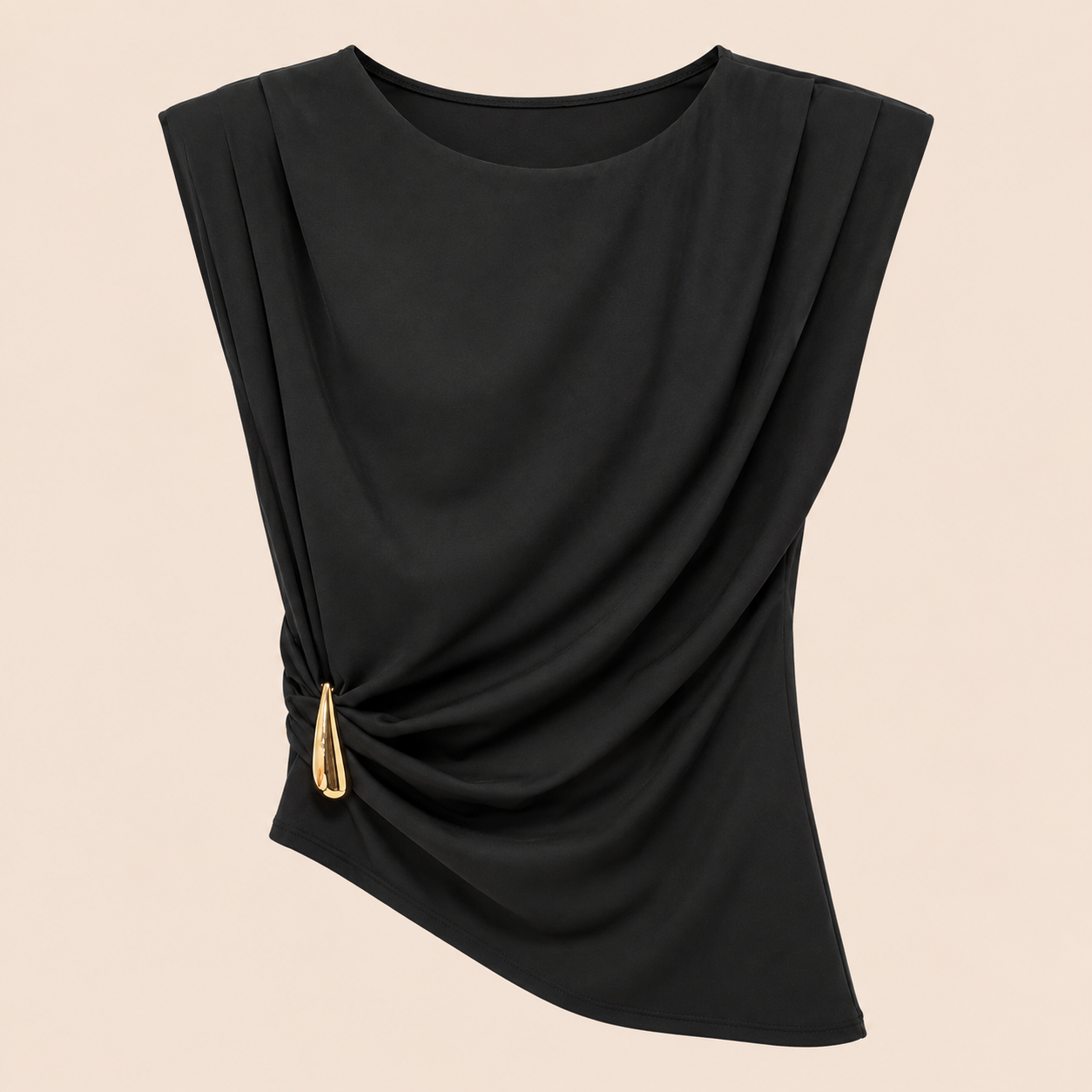 Blusa negra drapeada con detalle dorado Trapio