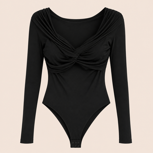 Body negro drapeado con escote cruzado y manga larga Trapio
