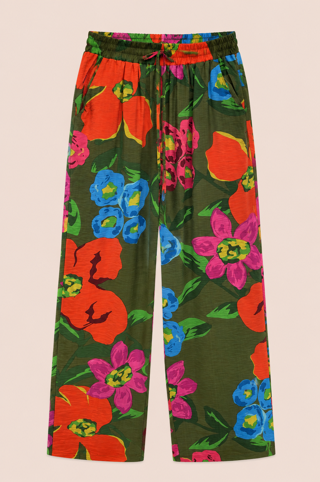 Pantalón Palazzo Verde Kaki con Estampado Floral Multicolor – Trapio