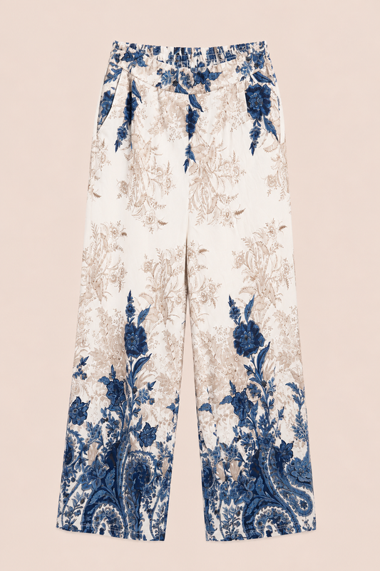 Pantalón estampado floral azul y beige – Trapio