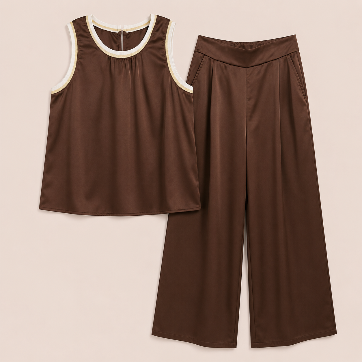 Conjunto 2 piezas marrón con ribete crema – Trapio
