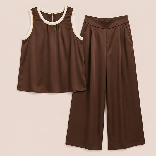 Conjunto 2 piezas marrón con ribete crema – Trapio