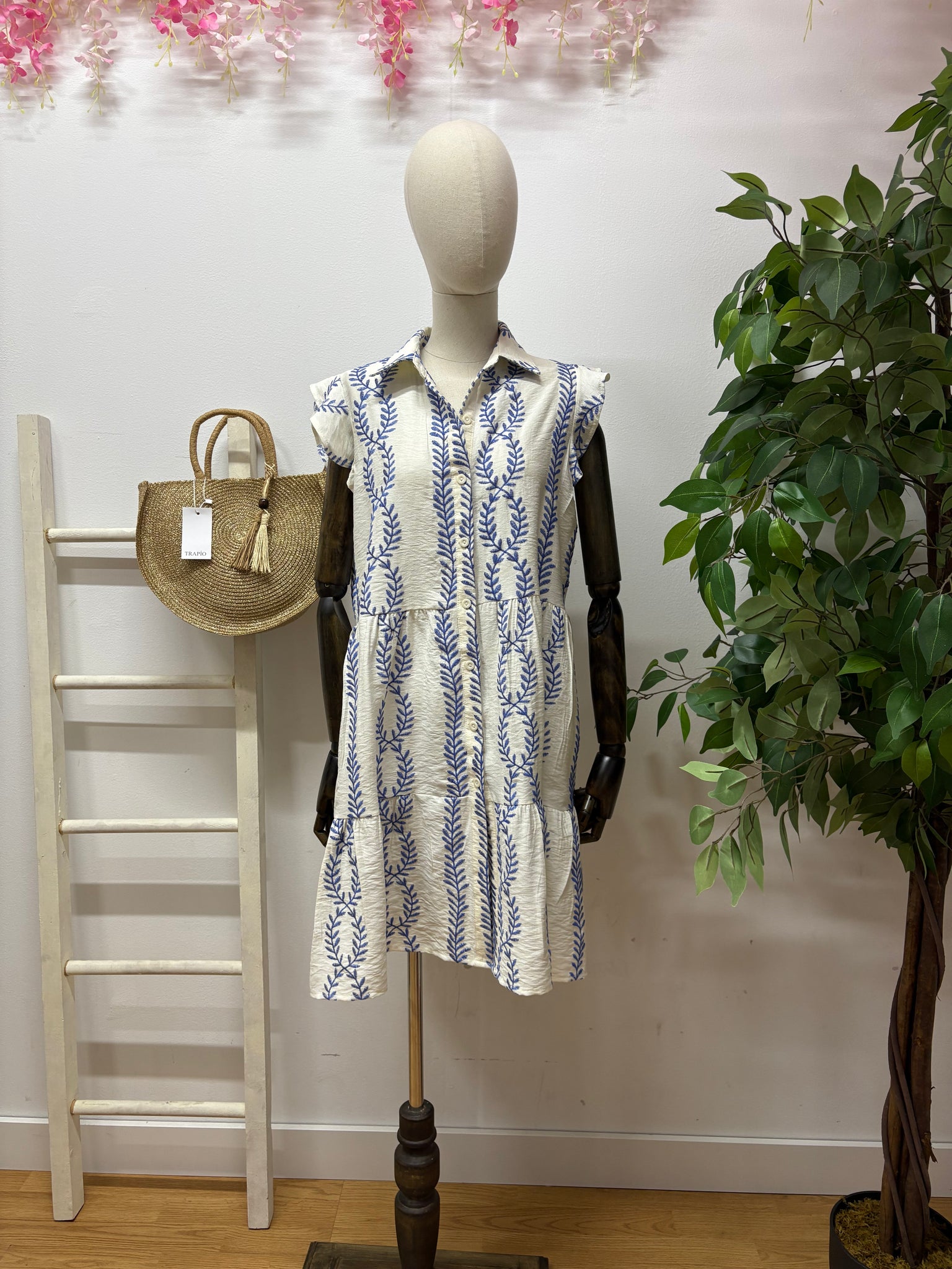 Vestido Gina bordado corto beig y azul