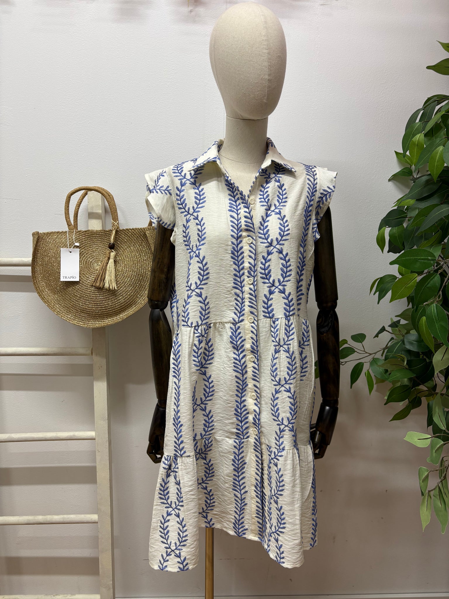 Vestido Gina bordado corto beig y azul