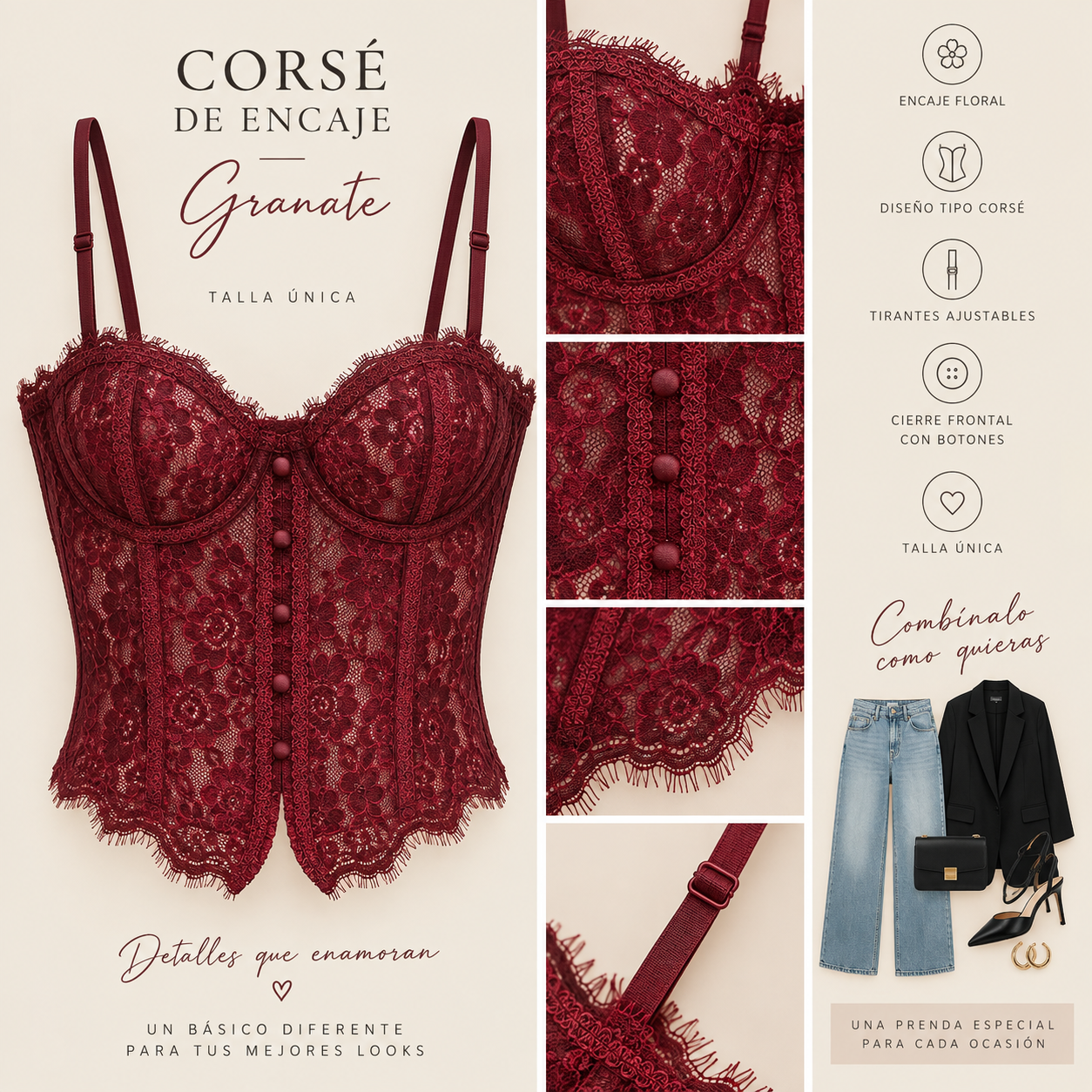 Corsé de encaje granate