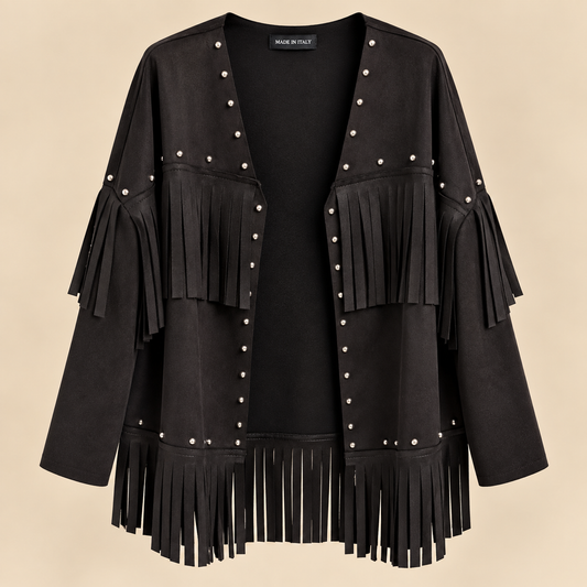 Chaqueta Negra con Flecos y Tachuelas