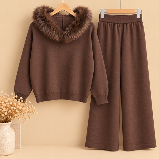 Conjunto de Punto Marrón Chocolate de Dos Piezas con Capucha y Pelo