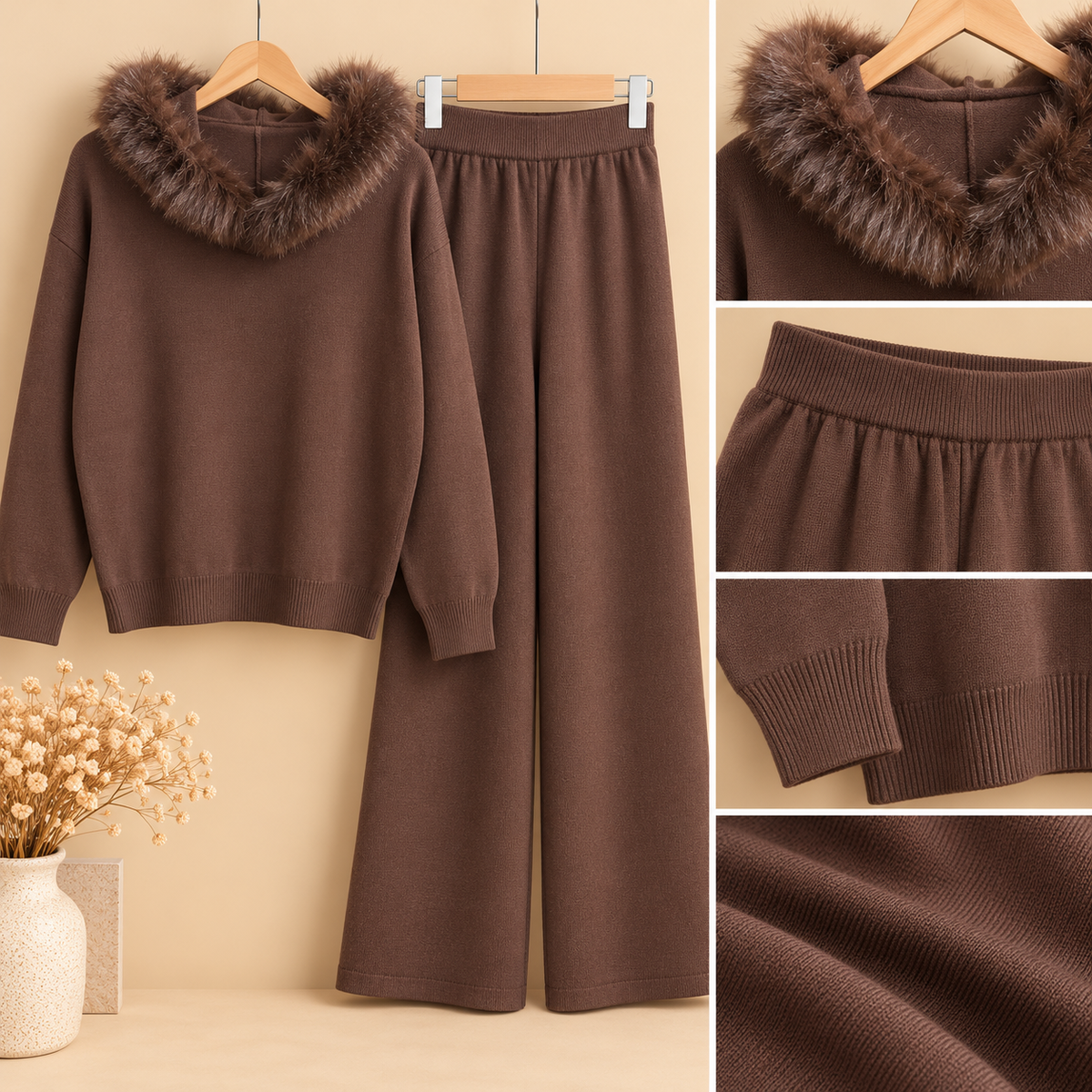 Conjunto de Punto Marrón Chocolate de Dos Piezas con Capucha y Pelo